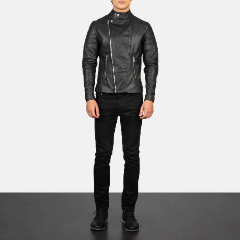 Mens Faisor Black Leather Biker Jacket Full Length-2-1634137709003